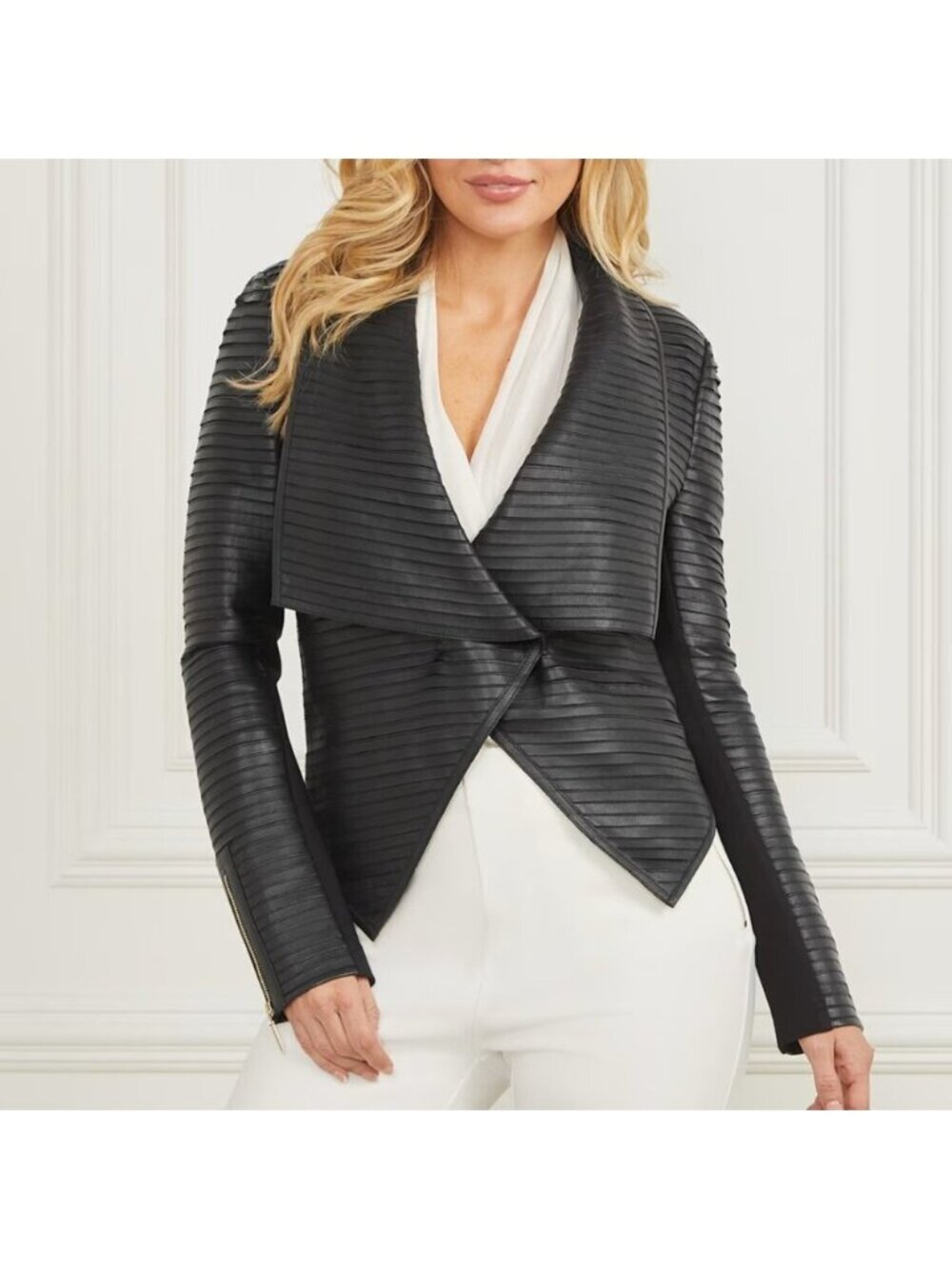 Marciano Women’s Shayna Drape Lambskin Leather Jacket – Black – Size 4 Like New